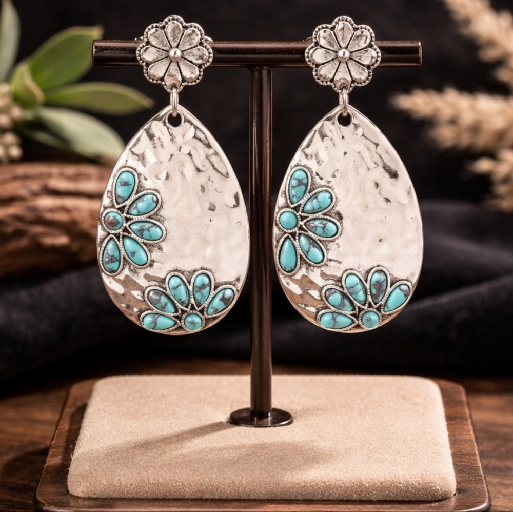 Southwestern Style Silver Drop Earrings With Synthetic Turquoise Floral Design